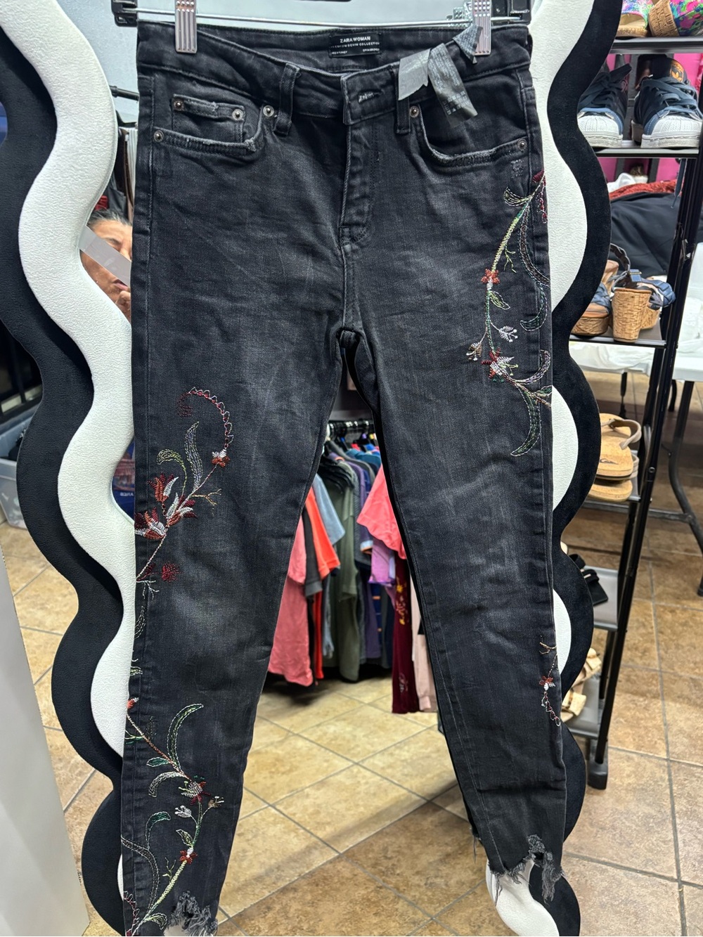 Zara Black Skinny Jeans with Floral Embroidery